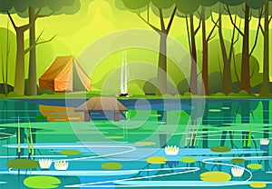 Forest. Green summer landscape. Bank of a river or lake. Fishing pier. Waves and reflection in the water. Water lilies