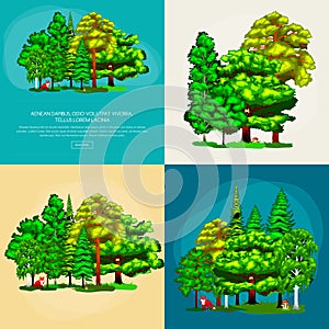 Forest green trees on the grass bush in summer landscape background. Nature landscape design elements with