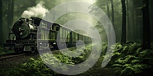 The forest grows on wagons of moving freight train, concept of Cargo transportation