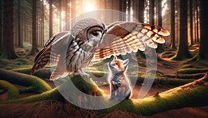 Forest Guardians: The Owl\'s Wing Over the Fox Cub