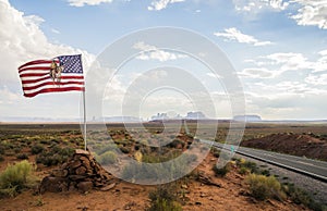 Forest Gump Point with Navajo American flag - Monument Valley scenic panorama on the road - Arizona, AZ