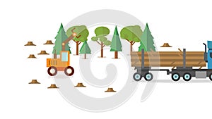 Forest harvester icon in circle, wheeled feller buncher flat animation