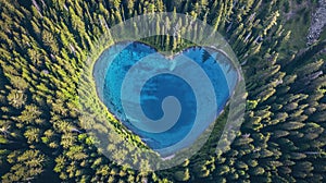 Forest heart shaped lake, aerial view. Wildlife and nature conservation concept