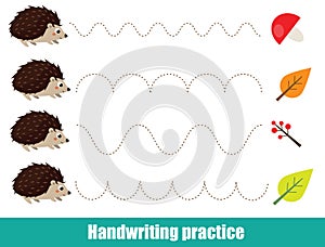 Forest hedgehog. Handwriting practice sheet. Educational children game. Tracing lines for kids and toddlers