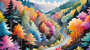 Forest Highway.An aerial view of a road winding through a colorful forest. The vibrant colors of the trees . autumn season.