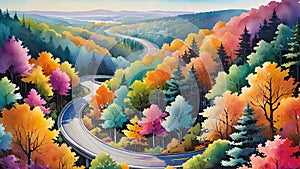 Forest Highway.An aerial view of a road winding through a colorful forest. The vibrant colors of the trees . autumn season.