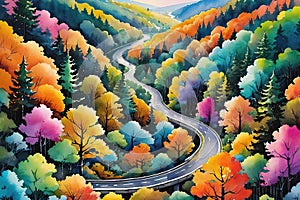 Forest Highway.An aerial view of a road winding through a colorful forest. The vibrant colors of the trees . autumn season.