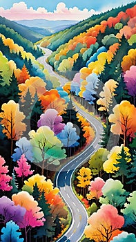 Forest Highway.An aerial view of a road winding through a colorful forest. The vibrant colors of the trees . autumn season.