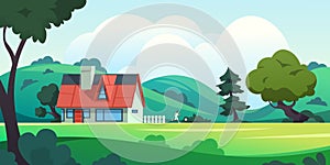 Forest house. Countryside cartoon landscape with rural building among trees and summer nature scene. Vector illustration