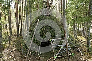 A forest hut built like an Indian tipi