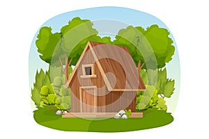 Forest hut, wooden house or cottage decorated with trees, grass and bush in cartoon style isolated on white background