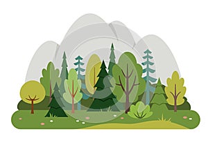 Forest illustration with pine trees and mountains