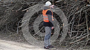 Forest inspector filmed with tablet PC near to pile sawed bushes