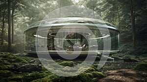 Forest-Inspired Smart Home: Camouflaged with Transparent Glass Walls and High-Tech Hovercraft