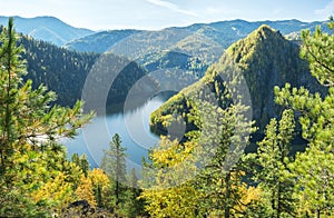 Forest Lake. Autumn landscape, sunny day. Taiga, Siberia