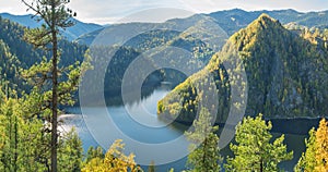 Forest Lake. Autumn landscape, sunny day. Taiga, Siberia