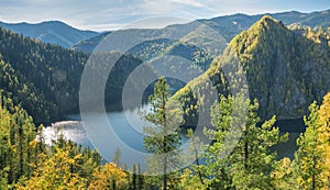 Forest Lake. Autumn landscape, sunny day. Taiga,  Siberia