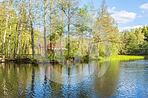Forest lake and a cottage