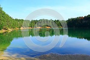 Forest lake with emerald water. Beautiful lake panorama