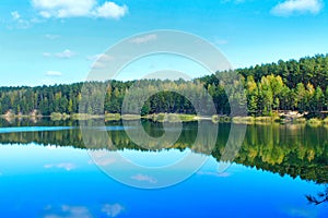 Forest lake with emerald water. Beautiful lake panorama