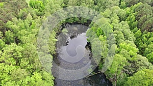 A forest lake nestled in a deciduous forest in spring - overflying the lake and descending down to the water surface