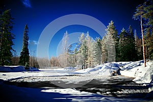 Forest lake with water torrent photo