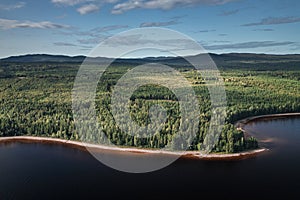 Forest and lakeshore at Lake Siljan from above with blue sky in Dalarna, Sweden