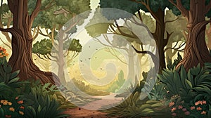 Forest landscape background with complementing tree and plant illustrations.