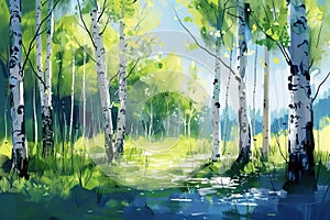 Forest landscape of birch trees in spring, painting. Generative AI