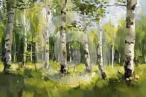 Forest landscape of birch trees in spring, painting. Generative AI