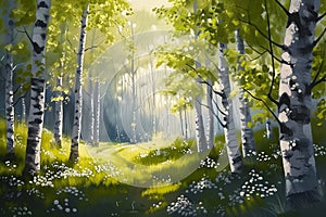 Forest landscape of birch trees in spring, painting. Generative AI