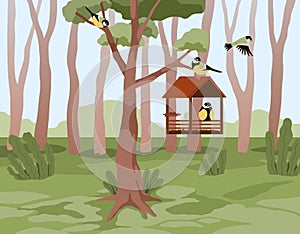 Forest landscape with feeder and flying birds. Animals feeding. Summer nature scenery. Titmouse in bird house. House on