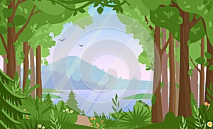 Forest landscape flat vector illustration. Woodland scenery, wildlife panorama, lake and mountains, hilly terrain scene