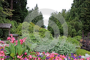 A forest landscape with flower beds in the Butchart Garden on Vancouver Island, British Columbia, Canada