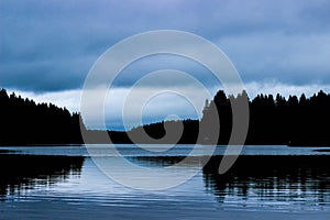 Forest landscape, the lake and forest, twilight in the woods, forest beach, blue sky and lake, forest reflection in water