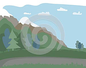 Forest landscape. mountains, with snowy tops. Trees and green fields. Blue sky with clouds. vector flat illustration. Postcard of