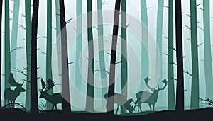 Forest landscape with silhouettes of trees and fallow deers - vector illustration