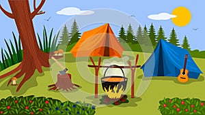 Forest landscape sunny day in the summer camp. Nature, wood, bonfire, tent and guitar are symbols of green tourism. vector