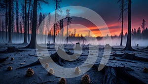 Fiery Sunset over a Burned Forest Landscape