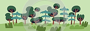 Forest landscape. Trees and shrubs, spring nature panorama. Summer scenery with wood plants, bushes, grass. Abstract