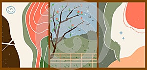 Forest landscape. Vintage oriental illustrations with various geometric shapes, lines, stars.