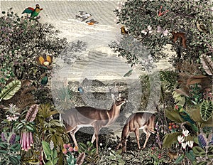 Forest landscape wallpaper of trees, plants, deer and birds in vintage style