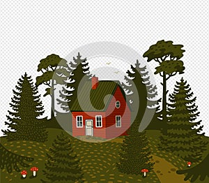 Forest landscape. Woods landscape with Red cabin