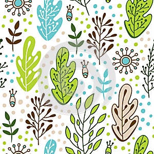 Forest leaves seamless vector pattern. Spring or summer nature background in colors of blue, green, beige and white