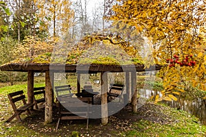 Forest lodge in backwoods, Wooden arbor, Branches with berries of a red mountain ash, beautiful forest in Autumn, Valday