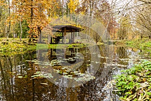 Forest lodge in backwoods, Wooden arbor, wild area in beautiful forest in Autumn, Specular reflection in water, Valday