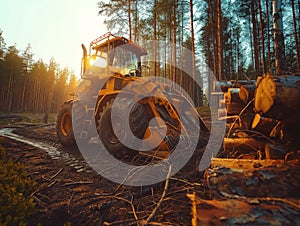 Forest Logging Operation at Sunset