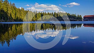 Forest mirror in lake blue sky with clouds