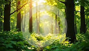 forest in the morning, with sunlight, HD image