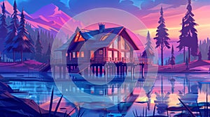 In a forest mountain lake, a wooden house on stilts with a pier at a pond in the sunrise. Luxury wood house with terrace